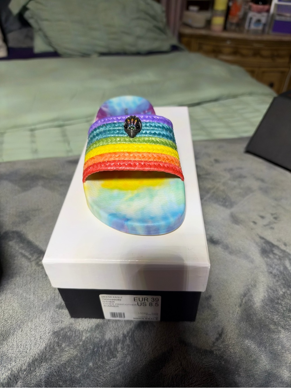 Kurt Geiger Rainbow Tie-Dye Slide Sandal with Jewel Accent